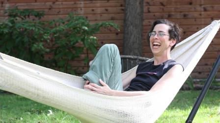 Anne Elizabeth Moore hanging out in her hammock in Beverly. (Photo by Chloe Riley)