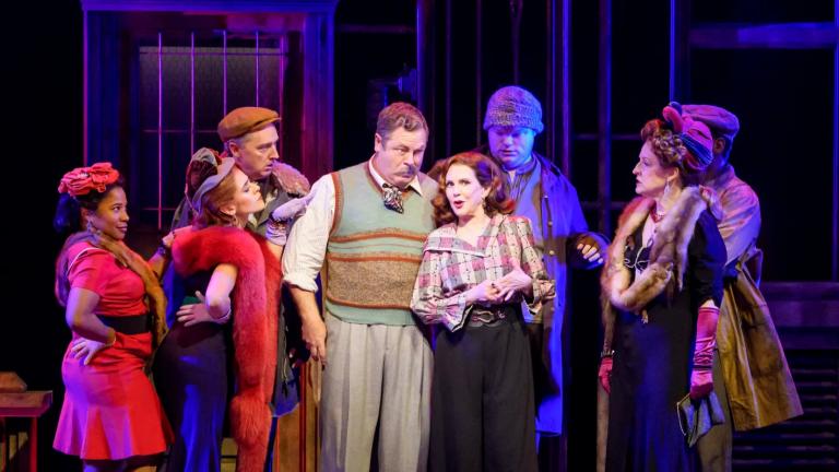 (L-R) Melanie Brezill, Andrea San Miguel, Shawn Pfautsch, Nick Offerman, Megan Mullally, Will Koski, Linda Mugleston and Donterrio in “Iceboy!” (Todd Rosenberg)