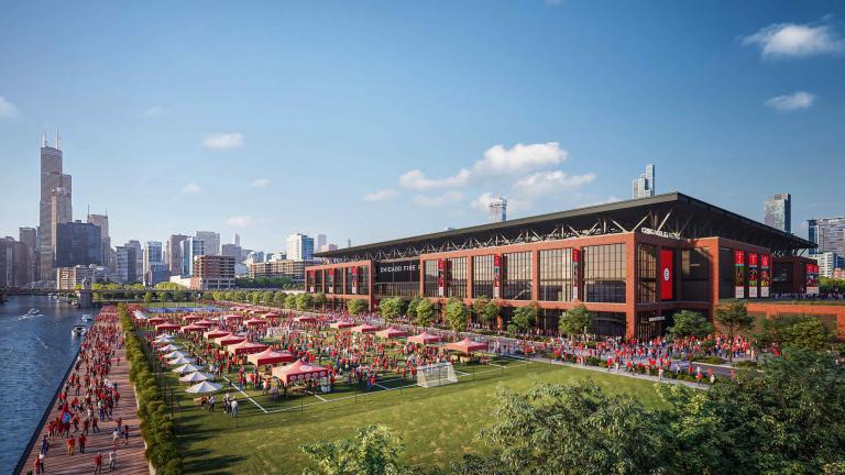 A rendering of the proposed Chicago Fire stadium, which is being planned as an anchor of "The 78," Related Midwest's 62-acre development of a former rail yard on the South Branch of the Chicago River. (Courtesy Chicago Fire FC and Gensler)