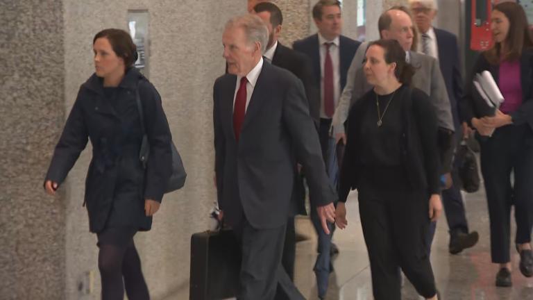 Michael Madigan walks out of court after being sentenced to 7.5 years in prison on June 13, 2025. (WTTW News)