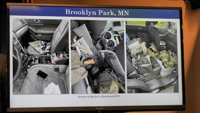 Evidence photos showing the interior of Vance Boelter's vehicle are presented during a news conference at the United States Courthouse in Minneapolis, Monday, June 16, 2025. (AP Photo / George Walker IV)