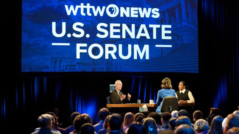 U.S. Senate candidates Don Tracy and Juliana Stratton face off in a WTTW News forum moderated by Brandis Friedman on Oct. 20, 2026. (Genie Lemieux / WTTW)