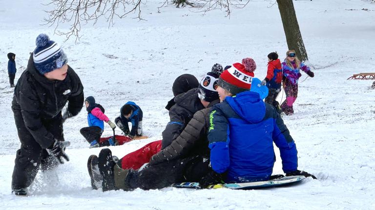 Wednesday's snowfall may have been less than predicted, but it was good enough for sledding. Youngsters flocked to the Big Hill at Horner Park on the city's North Side, Feb. 12, 2025. (Patty Wetli / WTTW News)