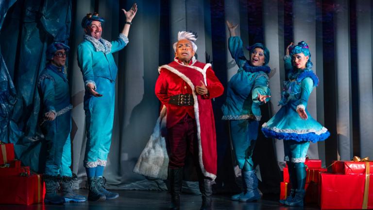 Justin Berkowitz (left to right), Matt Boehler, Martin Bakari, Leah Dexter and Amy Owens perform in “Becoming Santa Claus.” (Photo by Michael Brosilow)
