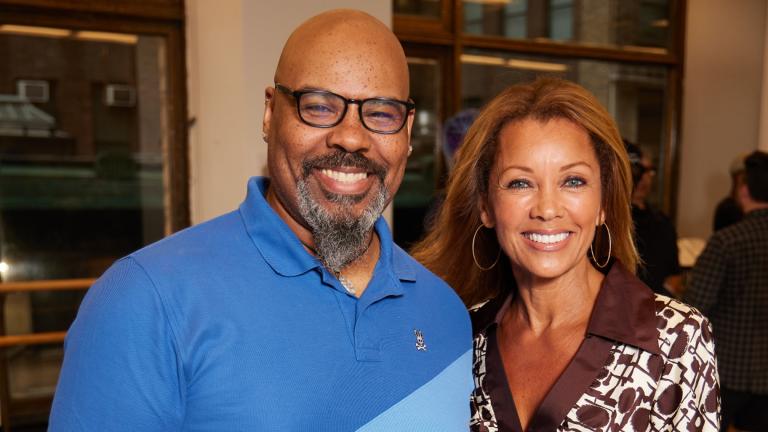 James Monroe Iglehart (Louis Armstrong) and producer Vanessa Williams in rehearsal for “A Wonderful World.” (Jeremy Daniel)