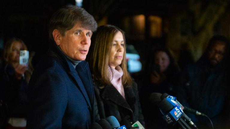 Former Illinois Gov. Rod Blagojevich and his wife, Patti, outside their Chicago home shortly after Blagojevich receiving a full pardon from President Donald Trump on Feb. 10, 2025. (Andrew Adams / Capitol News Illinois)