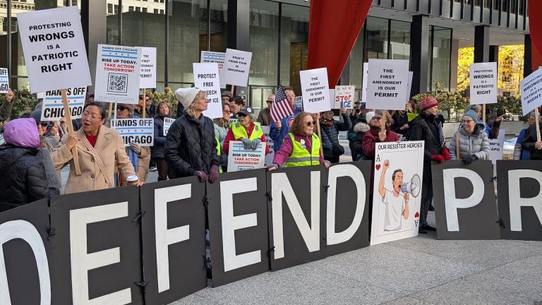 A group of anti-Immigration and Customs Enforcement protesters gathered in Federal Plaza on Nov. 12, 2025. (Matt Masterson / WTTW News)