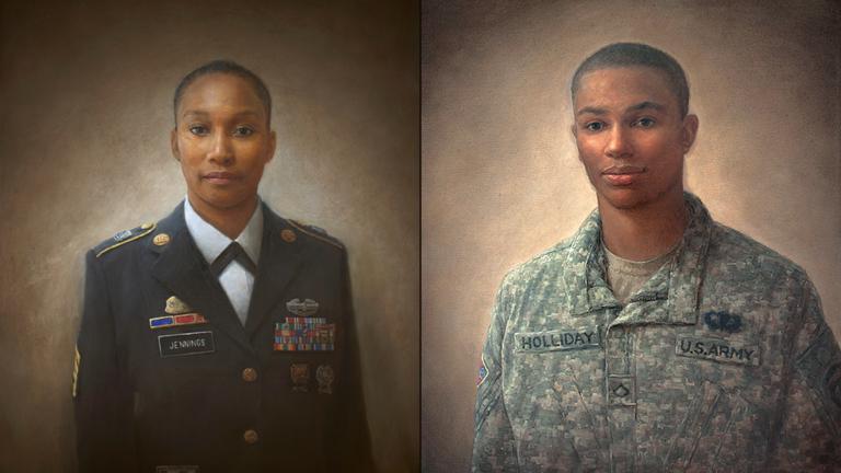 Paintings by Matt Mitchell from “100 Face of War” include portraits of Alma Jennings, left, and Jaron Holliday. (Courtesy National Veterans Art Museum)