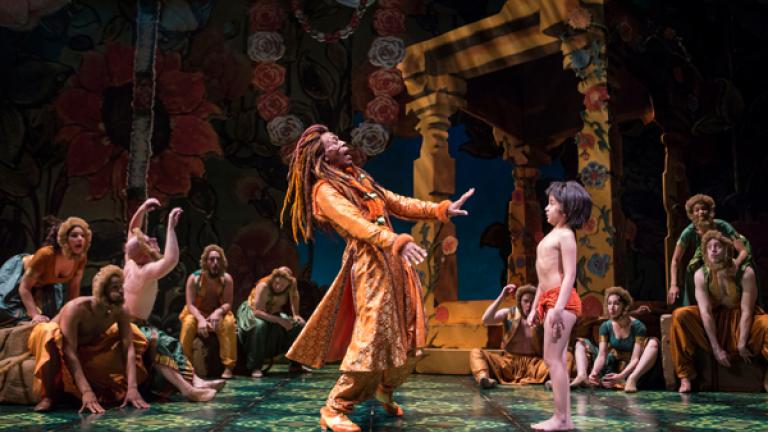 André De Shields (King Louie) and Akash Chopra (Mowgli) in Tony Award winner Mary Zimmerman’s new musical adaption of The Jungle Book; courtesy Goodman Theatre