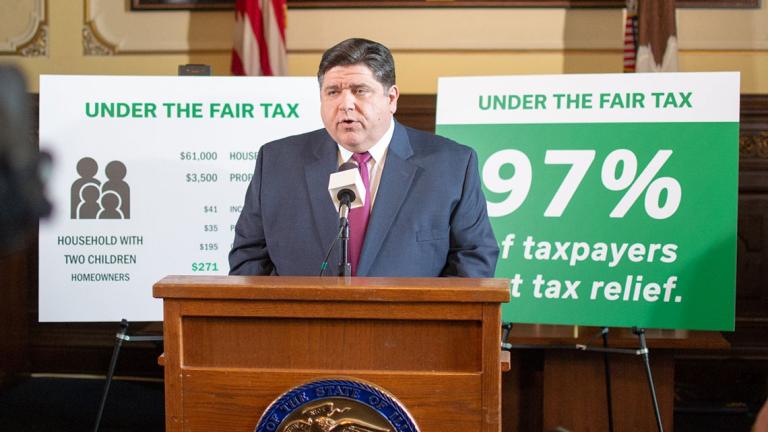 Gov. JB Pritzker is pictured in his Capitol office in 2019 during a news conference promoting a graduated income tax proposal. Voters rejected the constitutional amendment in 2020, and Pritzker says it’s no longer a legislative priority. (Jerry Nowicki / Capitol News Illinois)