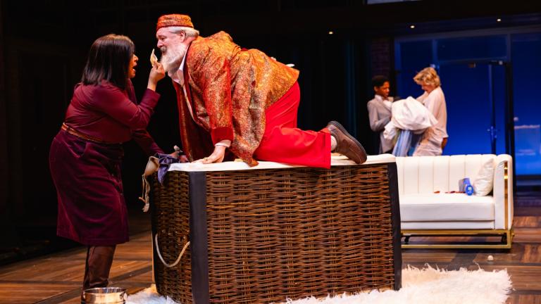 Shakespeare’s most raucous comedy, “The Merry Wives of Windsor,” comes to life at Chicago Shakespeare Theater, featuring Ora Jones (Mistress Page), Jason Simoon (Falstaff), Rohan Ryhs Degala (Robin Page) and Issy van Randwyck (Mistress Ford). Directed by Phillip Breen, running in the Courtyard Theater, April 2-May 3, 2026. (Kyle Flubacker)