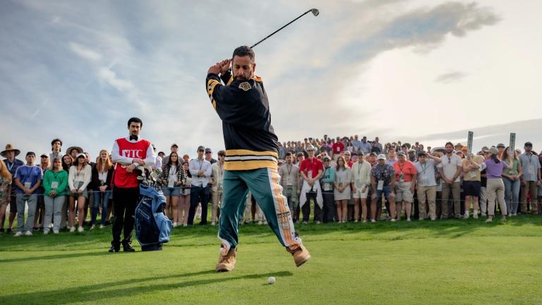 This image released by Netflix shows Adam Sandler in a scene from "Happy Gilmore 2." (Scott Yamano / Netflix via AP)