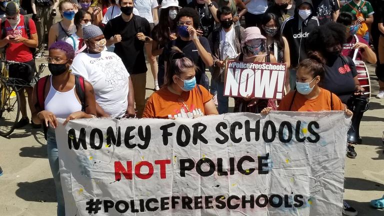 Youth activists organized a peaceful march to Mayor Lori Lightfoot's home on Aug. 13, 2020 to demand the removal of resource officers from Chicago Public Schools. (Matt Masterson / WTTW News)