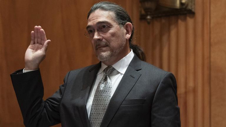 Census Bureau Director nominee Robert Santos is sworn in to testify before the Senate Homeland Security and Governmental Affairs committee, Thursday, July 15, 2021. If confirmed, Robert Santos, a third-generation Mexican American, would be the first person of color to be a permanent head of the nation’s largest statistical agency. (AP Photo / Jacquelyn Martin)