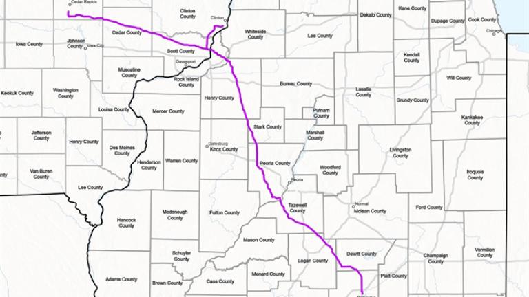 A map submitted to the Illinois Commerce Commission by Wolf Carbon Solutions showing their preferred route for a proposed carbon dioxide pipeline. (Photo taken from ICC testimony.)