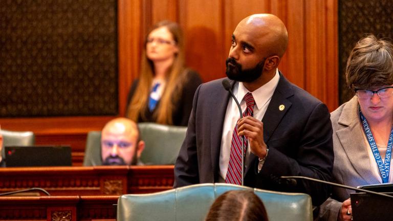 State Rep. Kevin Olickal, D-Chicago, speaks during floor debate. (Andrew Adams / Capitol News Illinois)
