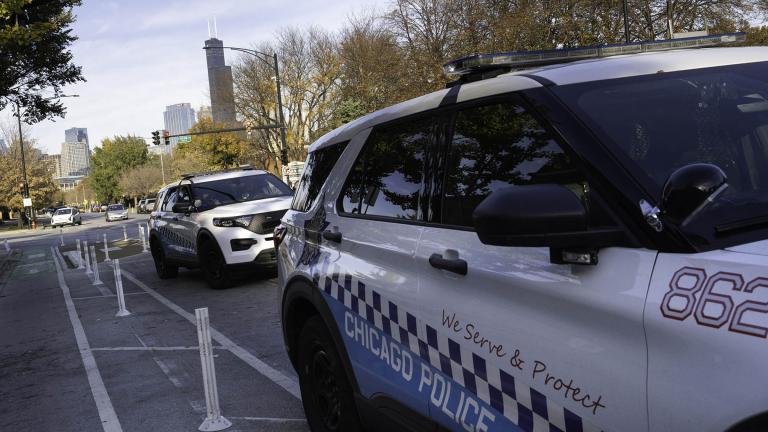 Chicago police cars parked alongside a street. (Sarahbeth Maney / ProPublica)