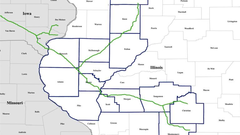 The proposed map shows the Illinois portion of the now-canceled Navigator Heartland Greenway pipeline. (Published by Navigator CO2 at heartlandgreenway.com)