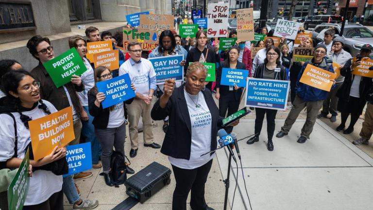 Pastor and environmental activist Veronica Johnson speaks to protestors at an Oct. 19, 2023, rally to pressure the Illinois Commerce Commission into rejecting utilities’ requested gas rate increases. (Andrew Adams / Capitol News Illinois)