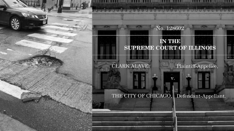After Clark Alave suffered injuries from a crash involving a pothole in Chicago, the Illinois Supreme Court ruled cyclists are not always “intended” users of the road, meaning the city wasn’t liable for Alave’s injuries. (Capitol News Illinois illustration by Andrew Adams)