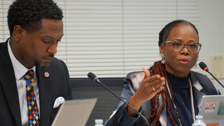 Democratic state Reps. Maurice West, of Rockford, and Carol Ammons, of Urbana, discuss Ammons’ proposal to expand voting by mail in Illinois during a meeting Jan. 10, 2024, of the House Ethics and Elections Committee. (Peter Hancock / Capitol News Illinois)