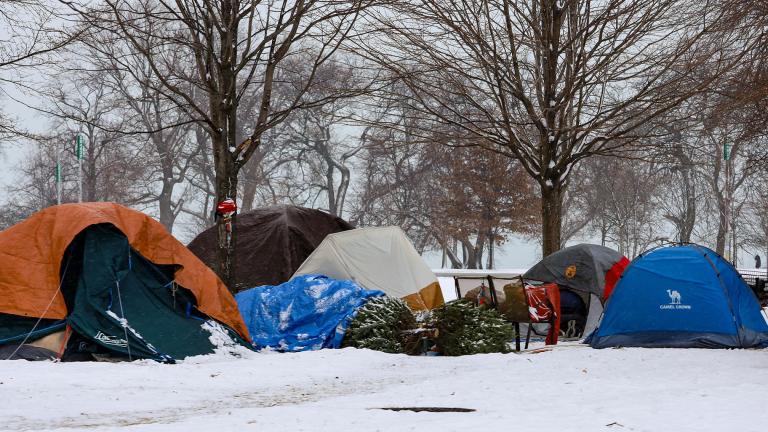 Tents are pictured near Montrose Beach in Chicago in a file photo. (Andrew Adams / Capitol News Illinois)