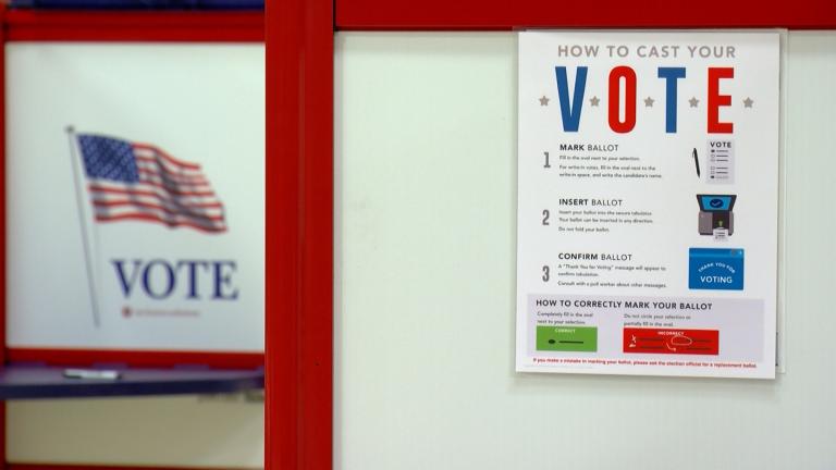 A voting booth is pictured in Sangamon County. (Andrew Campbell / Capitol News Illinois) 