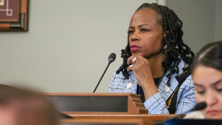  Rep. C.D. Davidsmeyer, R-Murrayville, presents a petition to investigate Rep. Carol Ammons, D-Urbana, to the House Special Investigating Committee at the Illinois Capitol on Thursday, Aug. 6, 2026. (Peter Hancok / Capitol News Illinois)