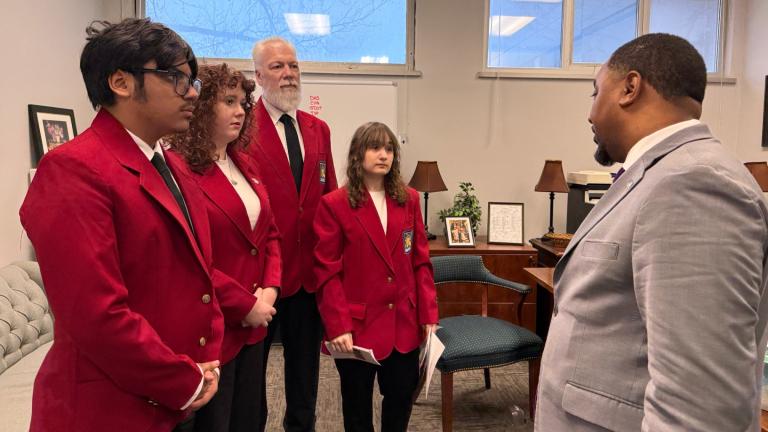 Argo Community High School sophomores Luciana Deir (second from left) and Angelica Turza (fourth from left), along with another student and their teacher meet with state Sen. Willie Preston, D-Chicago, to advocate for more opportunities for students in the trades as part of the SkillsUSA Illinois’ 2025 AMPLIFY Conference in Springfield on March 5, 2025. (Courtesy of Luciana Deir)