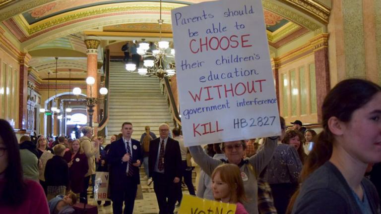 A woman holds a sign, which is just one of the many signs held by the thousands of people who gathered in the Statehouse on Wednesday, March 19, 2025, to oppose a bill relating to homeschoolers. (Jade Aubrey / Capitol News Illinois)
