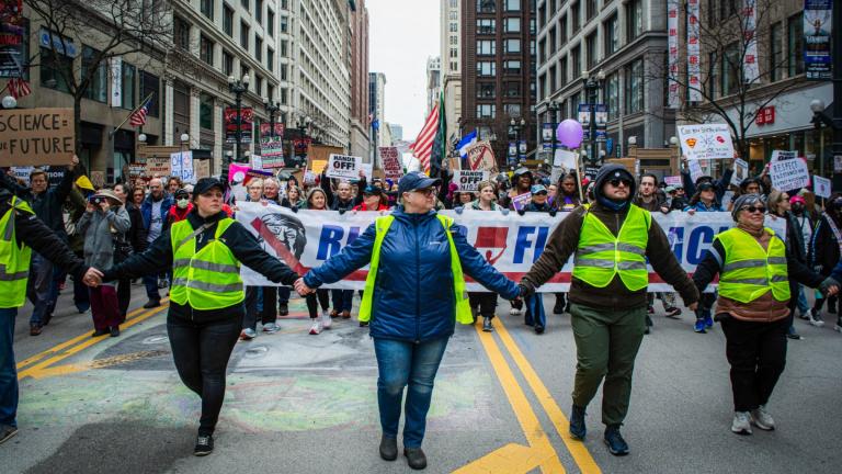 Tens of thousands came out Saturday, April 5, 2025, in downtown Chicago to rally against President Donald Trump’s policies, everything from reciprocal tariffs to his immigration actions. (Sonya Dymova / Medill Illinois News Bureau)