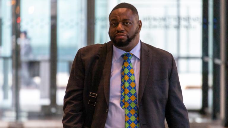 State Sen. Emil Jones III, D-Chicago, exits the Dirksen Federal Courthouse on Monday, April 7, after the first day of jury selection in his corruption trial. (Andrew Adams / Capitol News Illinois)