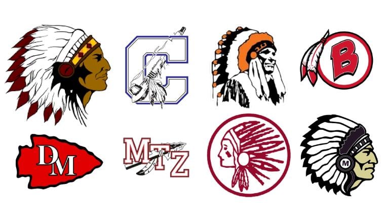Dozens of Illinois schools have mascots that feature Native American imagery or names. A bill that would have banned them stalled in the Senate. From left to right, top to bottom: Logos for the Stockton Blackhawks, Calumet Indians, Altamont Indians, Bremen Braves, Deer Creek Chiefs, Mt. Zion Braves, Annawan Braves, Marengo Indians. (Capitol News Illinois illustration)