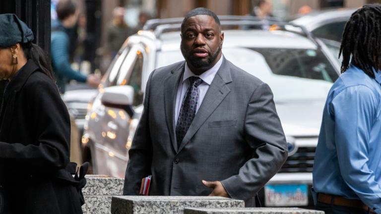 State Sen. Emil Jones III walks into the Dirksen Federal Courthouse on April 15, 2025. (Andrew Adams / Capitol News Illinois)