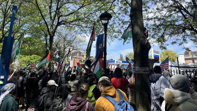 Students at DePaul University’s Gaza Solidarity Encampment face counterprotesters in May 2024. This encampment was one of at least 130 similar campus protests last year, which highlighted concerns that Israel was engaging in human rights violations. (Simon Carr / Medill Illinois News Bureau)