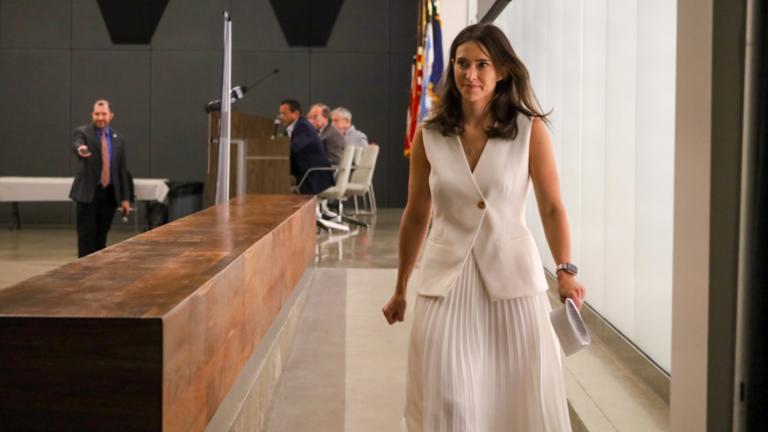 State Rep. Margaret Croke walks off stage after speaking to members of the Cook County Democratic Party on Friday, July 18, 2025, about being slated as the party’s pick for state comptroller. (Andrew Adams / Capitol News Illinois)