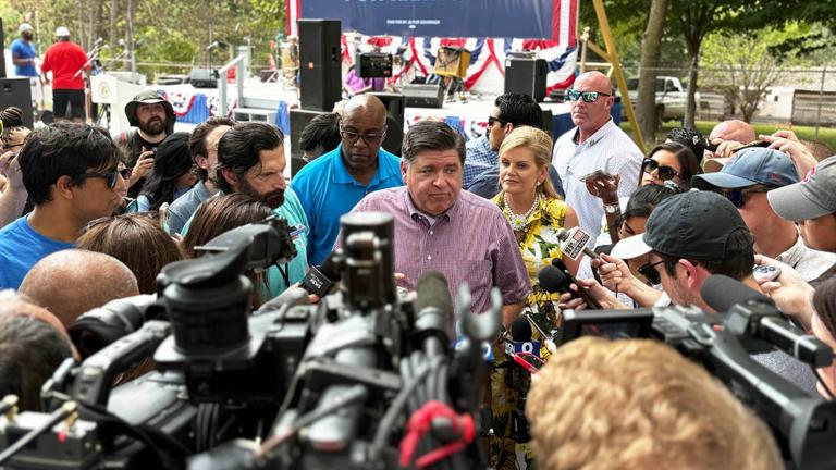 Gov. JB Pritzker takes questions from the news media at the Illinois State Fair on Wednesday, Aug. 13, 2025. (Jerry Nowicki / Capitol News Illinois) 