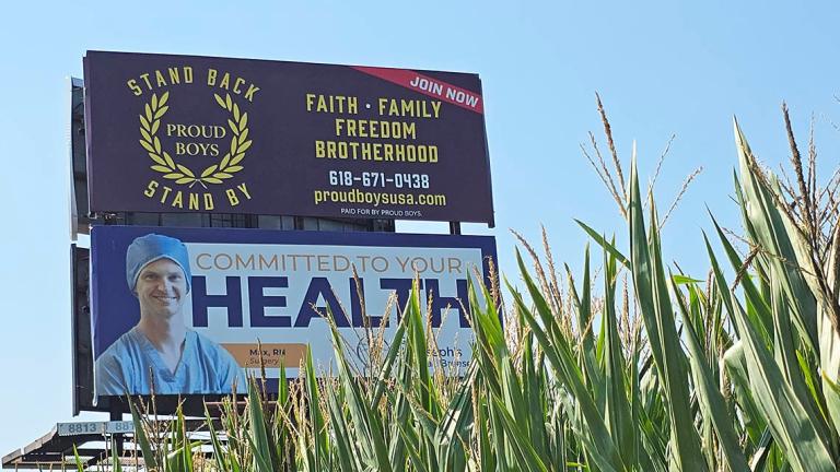A billboard promoting the Proud Boys, a right-wing extremist group, appears in a cornfield in Clinton County, Illinois. (Molly Parker / Capitol News Illinois)