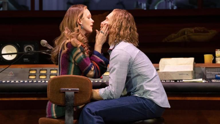 (L–R) Claire DeJean as Diana and Denver Milord as Peter in “Stereophonic,” running at the CIBC Theatre in Chicago. (Julieta Cervantes)