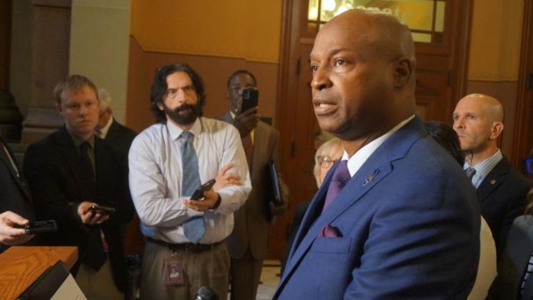 House Speaker Emanuel “Chris” Welch, D-Hillside, speaks to reporters outside his office on Oct. 15, 2025. (Peter Hancock / Capitol News Illinois) 