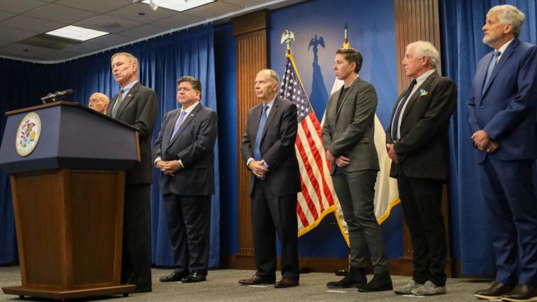Ret. Maj. Gen. Randy Manner condemns the use of military troops to support domestic law enforcement at an Oct. 16, 2025, news conference alongside Gov. JB Pritzker and other retired military officers. Also pictured, from left to right: Lt. Gen. Charles Luckey, Gov. JB Pritzker, Maj. Gen. William Enyart, Capt. Janessa Goldbeck, Maj. Gen. Paul Eaton and Rear Adm. Michael Smith. (Andrew Adams / Capitol News Illinois) 