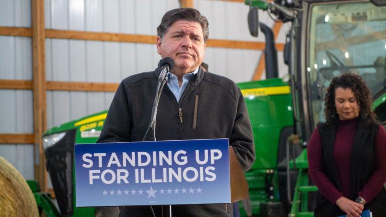 Gov. JB Pritzker listens to a question from a reporter during a news conference at a farm in Central Illinois on Oct. 29, 2025. (Jerry Nowicki / Capitol News Illinois)