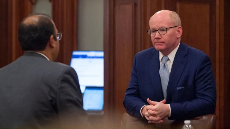 Illinois Senate President Don Harmon, D-Oak Park, confers with state Sen. Ram Villivalam on the Senate floor on Oct. 30, 2025. (Jerry Nowicki / Capitol News Illinois)