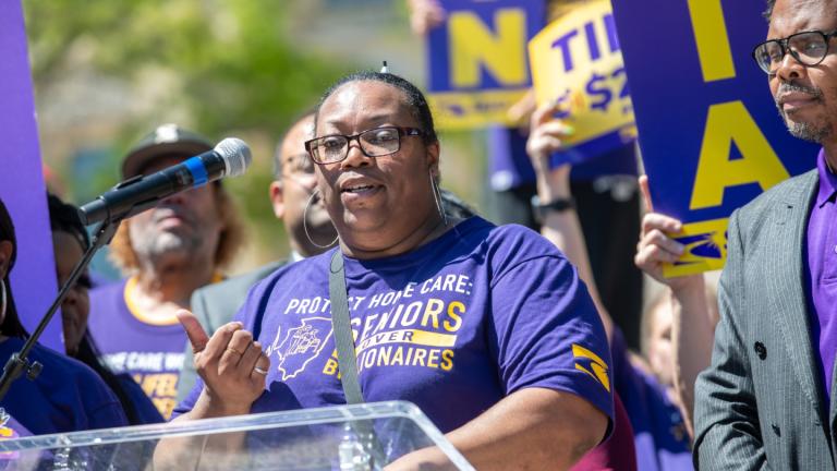 Home care workers with SEIU Healthcare Illinois and state legislators gathered in Springfield, Ill., on April 16, 2026. (Courtesy of SEIU HCII)