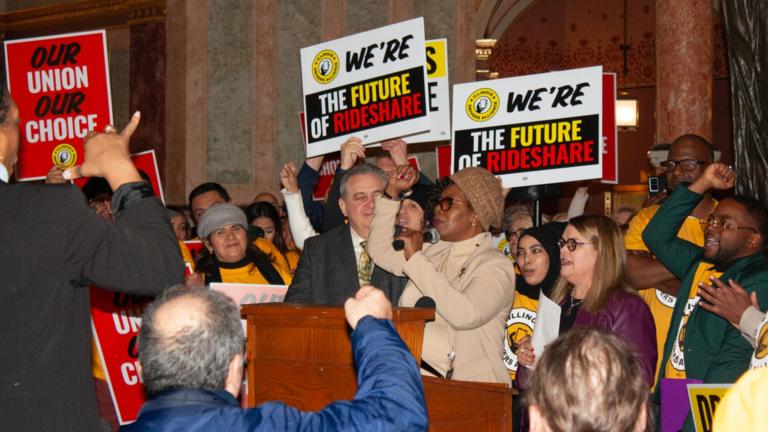 State Rep. Yolonda Morris (D-Chicago) speaks at a rally with rideshare drivers in the Illinois State Capitol on Jan. 21, 2026. (Jenna Schweikert / Capitol News Illinois)