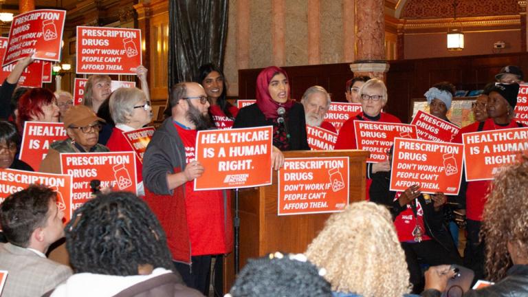 State Rep. Nabeela Syed speaks at a news conference on Feb. 17, 2026. Syed is working on legislation to establish a prescription drug affordability board with state Sen. Graciela Guzman. (Jenna Schweikert / Capitol News Illinois)