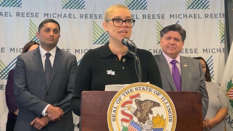 Megan Jeyifo, executive director of Chicago Abortion Fund, speaks at a news conference announcing the Prairie State Access Fund in January. (Alicia Hurtado / Chicago Abortion Fund)