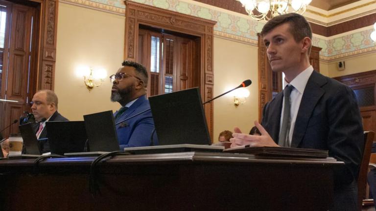 Steven Mahr, interim CFO for the city of Chicago, testifies at a committee meeting Feb. 26, 2026. Mahr cited Chicago’s history with the Bears as reason for the city’s opposition to a megaprojects bill requested by the team, asking legislators to work to keep the team within the city. (Jenna Schweikert / Capitol News Illinois)