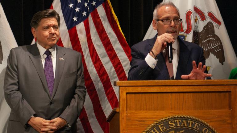 Gov. JB Pritzker and Illinois Superintendent of Education Dr. Tony Sanders speak at an event at the Governor’s Mansion in March 2026. (Jenna Schweikert / Capitol News Illinois)