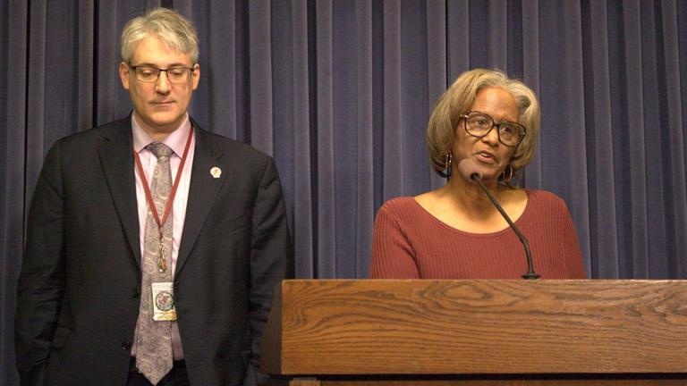 State Sen. Doris Turner, D-Springfield, right, speaks at a news conference Thursday, March 12, 2026. Turner is working with state Sen. Mike Halpin, D-Rock Island, on a bill that would regulate commercial volume on streaming services. (Jenna Schweikert / Capitol News Illinois)
